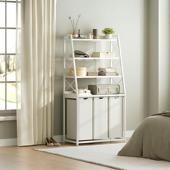 Herture Laundry Basket, 3 Section Laundry Hamper with 4 Tiers Shelf, Pull-Out and Removable Laundry Bags, Large 3 x 15.87 Gallons, for Laundry Room Bathroom White PF05XLW