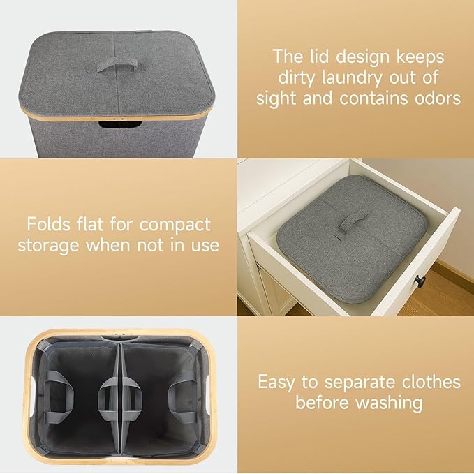145L Double Laundry Basket with Lid, 2 Section Dirty Clothes Hamper with 2 Removable Bags for Bedroom, Bathroom, Dorm, Gray
