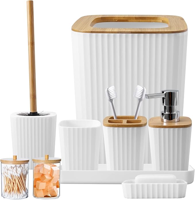 XLHOMO Bathroom Accessory Set, 9-Piece White Bathroom Set with Trash Can, Tray, Soap Dispenser, Toothbrush Holder, Toothbrush Cup, Soap Dish, Toilet Brush and Q-tip Holders for Bathroom/Housewarming