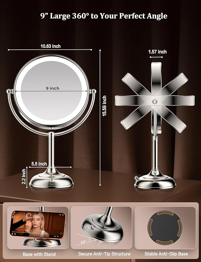 VESAUR 2026 Upgraded 20X lighted makeup mirror with magnification, 9" 1X10X Magnifying Mirror with 3 Color Modes & Adjustable Brightness, 5000mAh Rechargeable Vanity Mirror, 360° Swivel, Nickel, Gifts