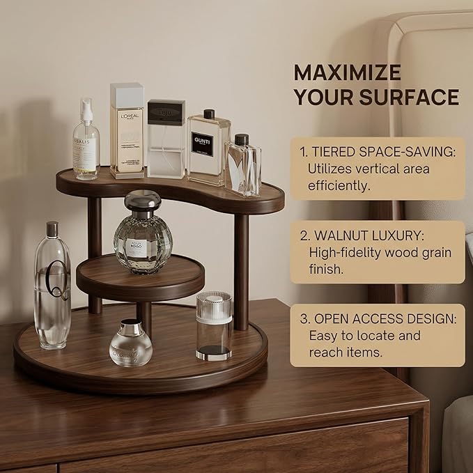 GDQ Wooden Display Organizer Stand,Perfume Organizer, Brown Bamboo Vanity Organizer Display Storage for Cosmetics, Perfume, Plants, Tea Set, Open Design for Entryway/Living Room/Bathroom/Bedroom