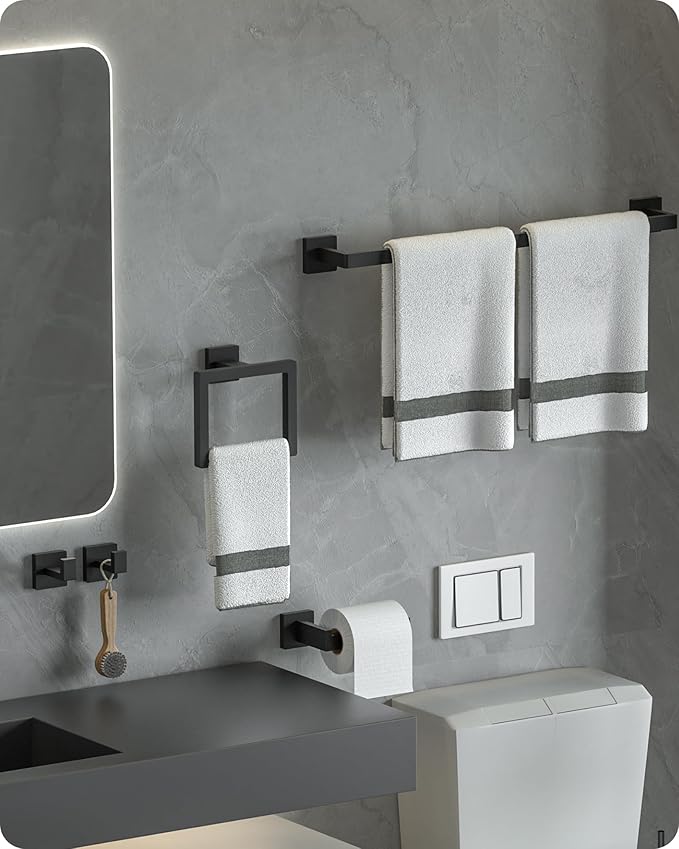 Bathroom Hardware Set Square,5 Pieces Bathroom Hardware Accessories Set Includs16 inch Towel bar, Towel Ring, Toilet Paper Holder, Towel Hooks (Black-5PCS-16Inch)