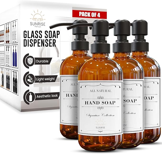 Sunrise Premium 4 Pack Amber Glass Soap Dispenser 16 OZ with Matte Black Stainless Steel Pump, Hand and Dish Soap Dispenser Set for Bathroom and Kitchen Sink with 12 Waterproof Labels