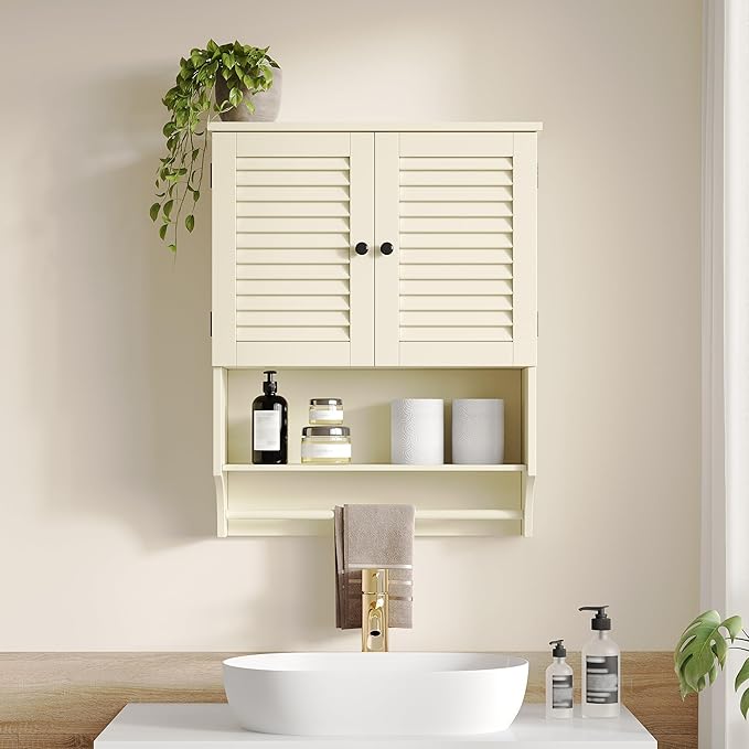 ChooChoo Bathroom Wall Cabinet with Towels Bar, 23.6" L x 8.8" W x 29.5" H MDF Material Medicine Cabinet, 2 Doors Over The Toilet Space Saver Storage Cabinet with Large Space, Cream Yellow