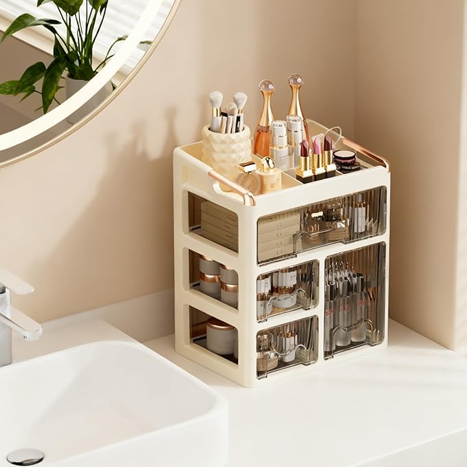 Makeup organizer, 1 large drawer+2 small drawers+1 vertical drawer, suitable for dressing tables, lipsticks, skincare products, and desktop storage boxes