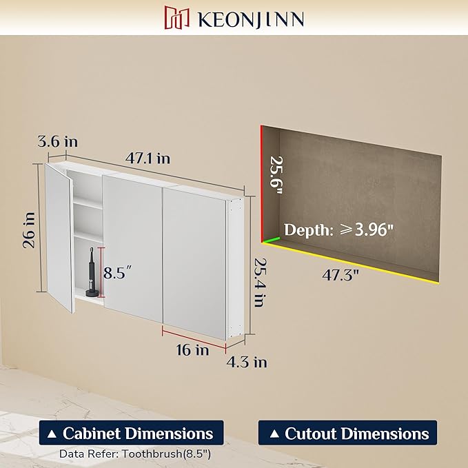 Keonjinn 48 x 26 Inch Medicine Cabinet, Assembly Required, Black Bathroom Medicine Cabinets Mirror, Lightweight, Adjustable Shelves, Surface Mount or Recessed, Tempered Glass