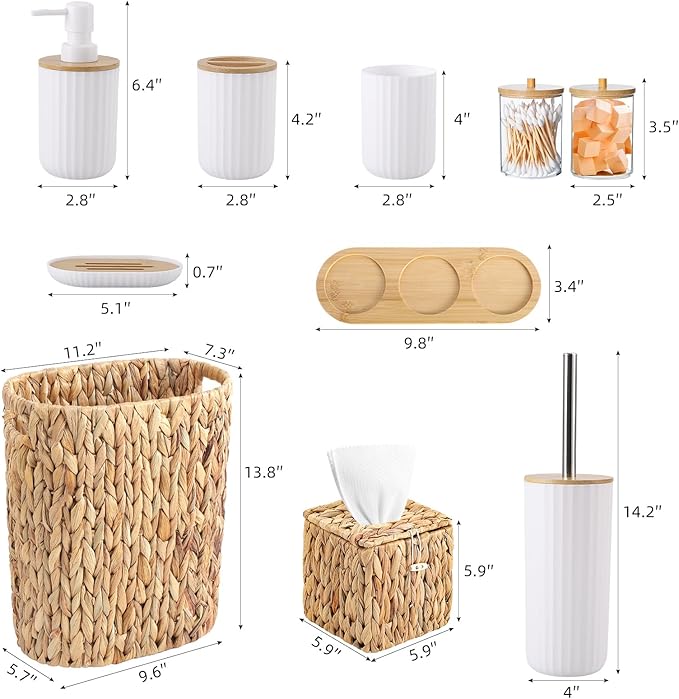 Bathroom Accessories Set,10PC Wicker Home Set with Trash Can, Tissue Box,Tray, Soap Dispenser, Soap Dish, Toothbrush Holder, Toothbrush Cup,Toilet Brush and Qtip Holders (White, Bath Set)