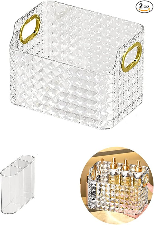 Cosmetics Makeup Organizer,Clear Diamond Crystal Makeup Organizer,skincare organizers,for Vanity Decor,Bathroom Countertops,Desk Storage Container,Cosmetic Display cases (White)
