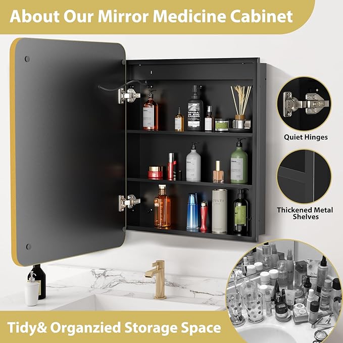 ROOMTEC Lighted Medicine Cabinet with Mirror, Wall Mounted Bathroom Mirror with Storage, Single Doors Bathroom Wall Cabinet with LED Lights,Gold,16"x24"