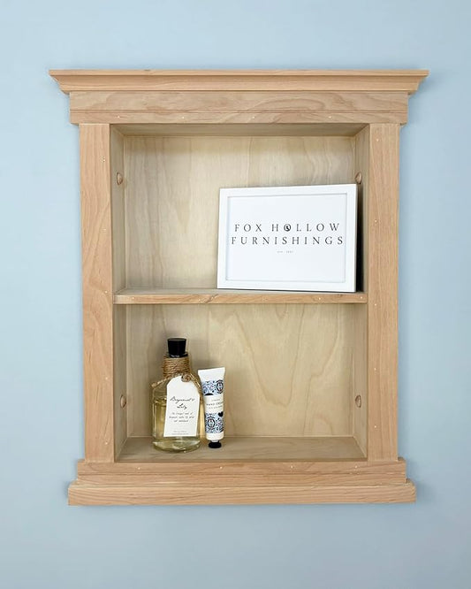Fox Hollow Furnishings 14x18 Elliot Craftsman Recessed Wood Wall Niche, Open Medicine Cabinet Replacement, in The Wall Bathroom Cabinet Insert Shelves, Made in North America, NO MDF, Plain, Unfinished