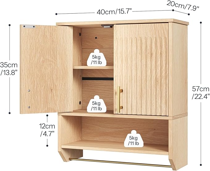 HOOBRO Bathroom Wall Cabinet with Towel Rack, Farmhouse Fluted Medicine Cabinet, Wall Mounted Storage with Adjustable Shelf, Space Saving Organizer for Bathroom, Natural
