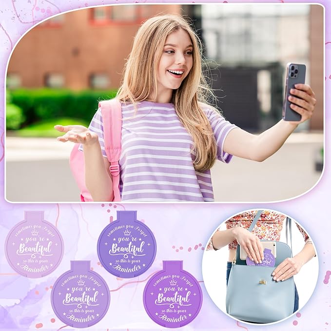 100 Pcs 2.76 Inch Inspirational Compact Mirror Bulk Women Small Gifts Graduation Party Favors Purse Mirror Pocket Mini Stuffer Items for Adult Coworker Cheerleader Employee (Purple Series)