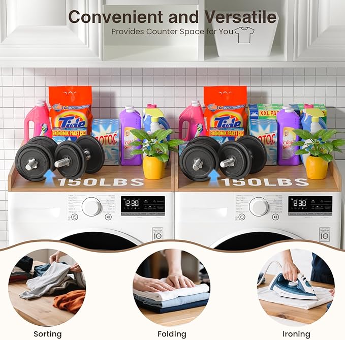 Washer Dryer Countertop Set of 2, 54.34" L x 27.56" W x 2.76" H Laundry Topper for Washer and Dryer, Wood Laundry Countertop with Anti-Slip Pads & Edge Rails for Laundry Room Organization (Light Wood)