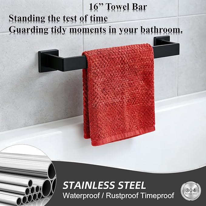2 Packs 16 Inch Bathroom Towel Bar SUS304 Stainless Steel Matte Black Towel Holder Wall Mounted Heavy Duty Towel Rack Bathroom Towel Rod Modern Square Base Design(2, Matte Black, 16 Inch)