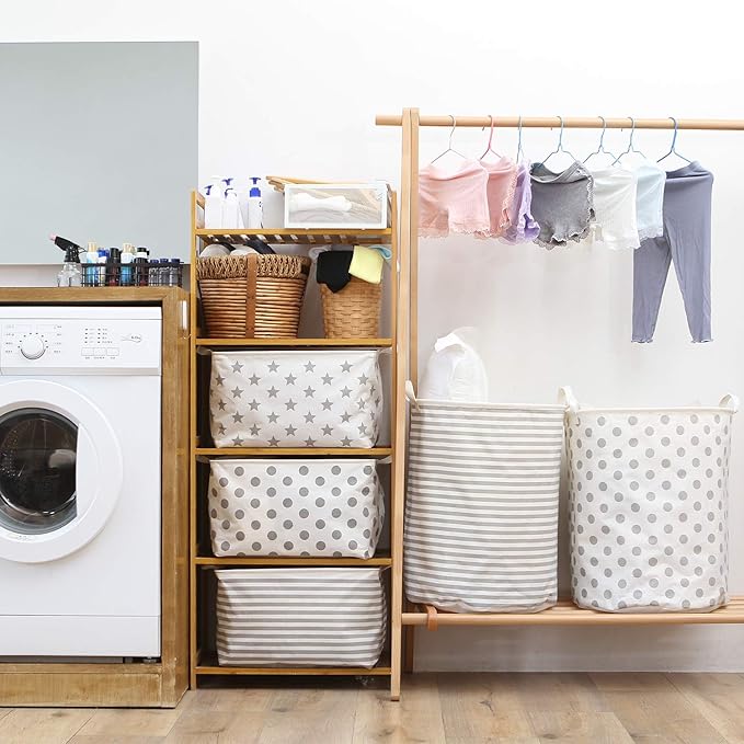 Sea Team 19.7 Inches Large Sized Waterproof Coating Ramie Cotton Fabric Folding Laundry Hamper Bucket Cylindric Burlap Canvas Storage Basket (19.7", Grey & White Stripe)