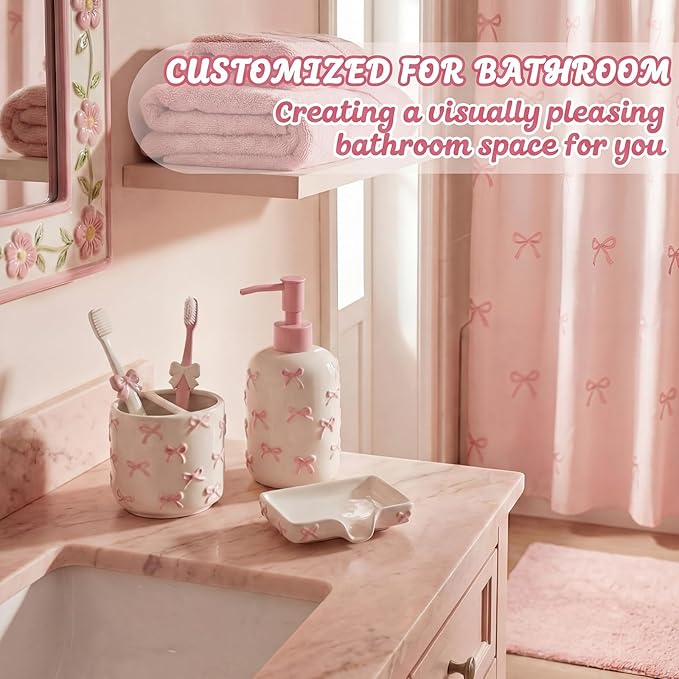 White Bow Ceramic Bathroom Accessories Set 3 Pcs for Countertop, Soap Dispenser, Toothbrush Holder, Soap Holder, Bathroom Sink Decor for Modern Home Decor