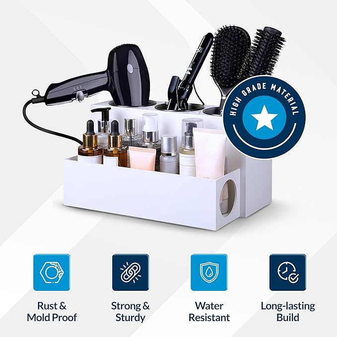 Hair Tool Organizer for Bathroom Vanity – Blow Dryer Holder with Stainless Cups for Hair Dryer, Curling Iron & Straightener, Countertop Hot Tools Holder and Hair Tool Storage (WHITE)