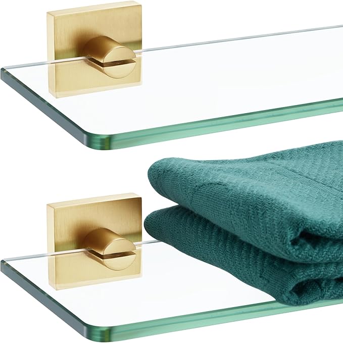 KOKOSIRI Wall Shelves 12-Inch Tempered Glass Shelf Floating Rack for Kitchen Bathroom Shower Storage Decor, 2 Pack Gold Stainless Steel B1107BG-L12-P2