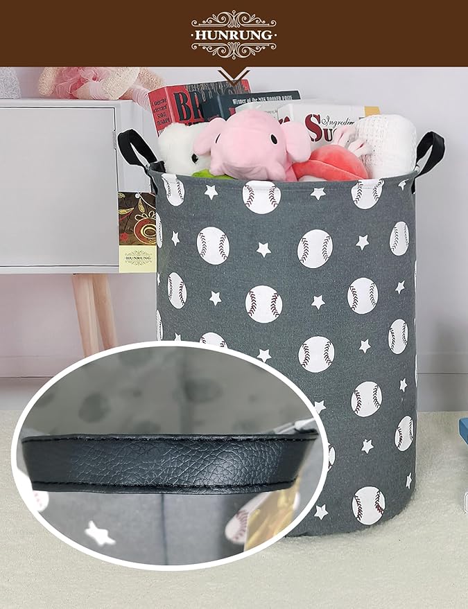 HUNRUNG Laundry Hamper,Large Canvas Fabric Lightweight Storage Basket Toy Organizer Dirty Clothes Collapsible Waterproof for College Dorms, Children Bedroom,Bathroom???Round-Grey Baseball???