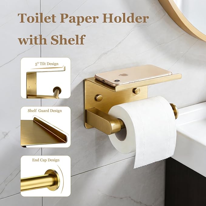 5-Pieces Wall Mount Bathroom Accessories Bathroom Hardware Set,22 Inch Stainless Steel Waterproof Towel Bars,Toilet Paper Holder with Shelf,Towel Ring,Coat Hook (Brushed Gold 5PC - Round)