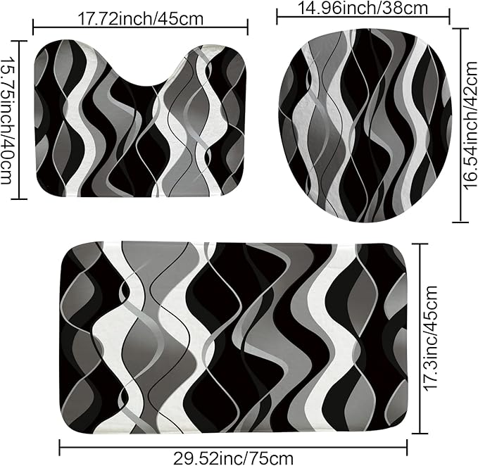 beifivcl 4Pcs Black Shower Curtain Sets with Non-Slip Rugs, Toilet Lid Cover and Bath Mat, Black and Gray Bathroom Decor Set Accessories Fabric Waterproof Shower Curtains with 12 Hooks, 72 x 72 Inch