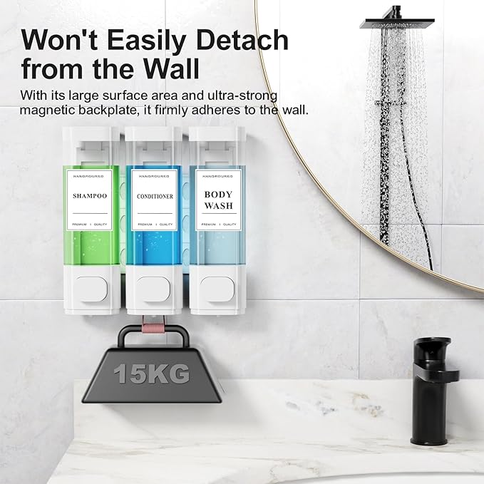 Shampoo and Conditioner Dispenser – Wall-Mounted Shower Soap Dispenser, No-Drill Installation, Lockable, 900 ml Capacity,for Bathroom & Hotel or Airbnb (White, 3-Pack)
