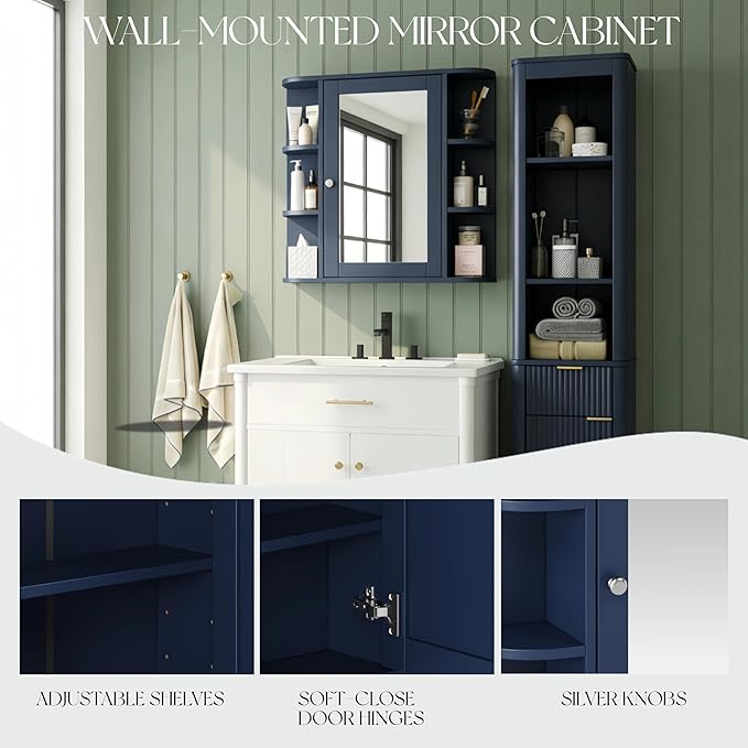 Merax Bathroom Wall Storage Cabinet with Mirror, 26 Inch Medicine Cabinet with Mirror Doors & Adjustable Wood Shelf, Space-Saving Modern Mounted Storage Cabinets with 6 Open Shelves, Blue