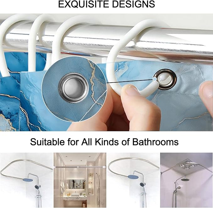 Lnond 4Pcs Marble Bathroom Sets with Shower Curtain and Rugs,Blue Gold Marble Modern Art Bathroom Shower Curtain Sets with Rugs and Accessories
