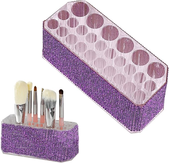 Clear Acrylic Makeup Eyeliner Lip Liner Holder Organizer,Bling Crystal Makeup Brush Holder,26 Spaces (Purple)