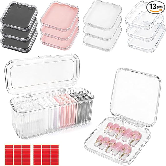 13 Pcs Press On Nail Storage Box, 2.95 Inch Clear Acrylic, with 1 Large Storage box & 60 Adhesive Tapes, Fake Nail Display Container for Nail Salon Business and Personal Use