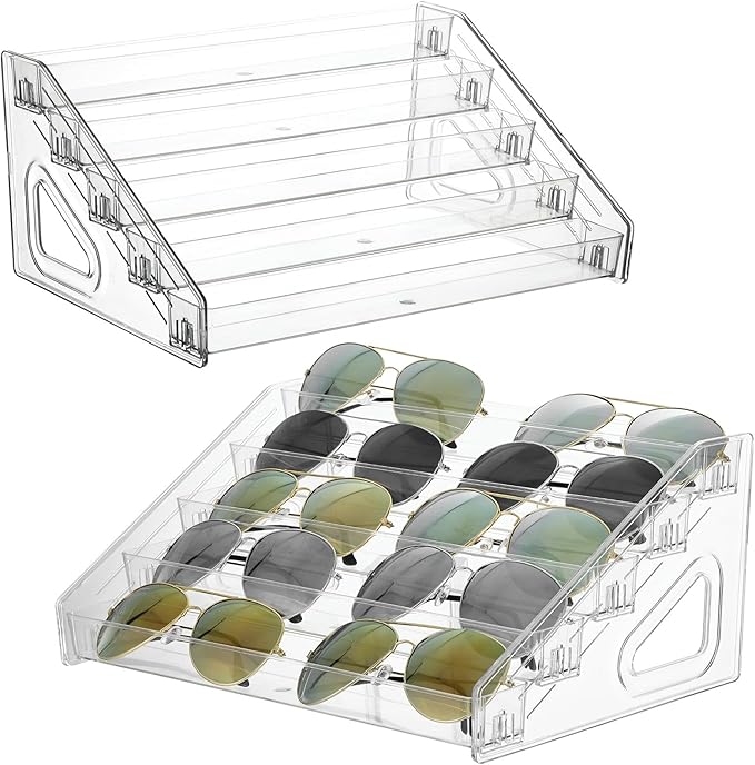 2 Pack 5 Tier Sunglass Organizer Stand, Versatile Clear Acrylic Sunglass Holder Display Stand Sunglass Storage Tray for Highlighting Glasses Makeup Nail Polish Graded Cards