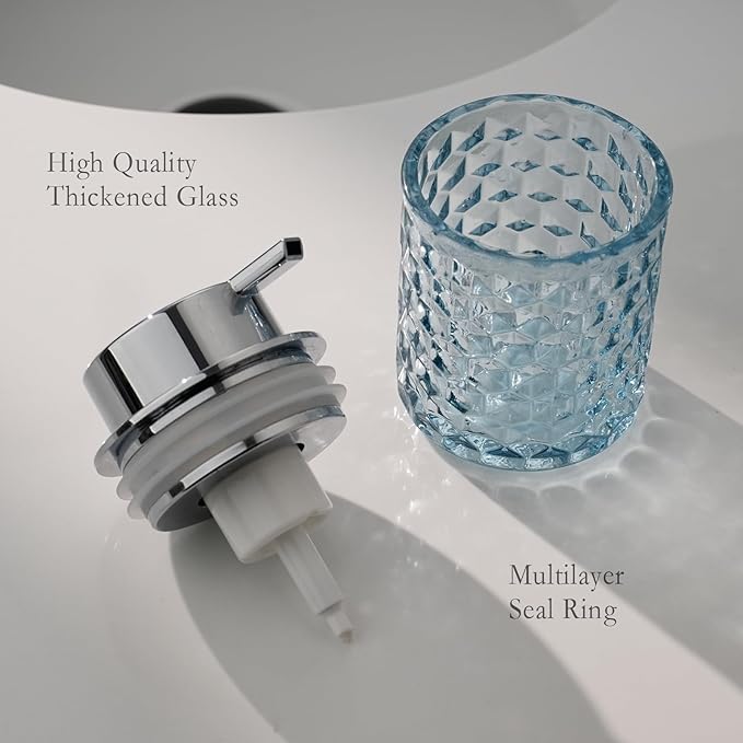 CICUFY Hand Soap Dispenser Glass, Refillable Liquid Dispenser for Bathroom & Kitchen,Lotion Dispenser with Large Silver Pump（Diamond Pattern-Blue）