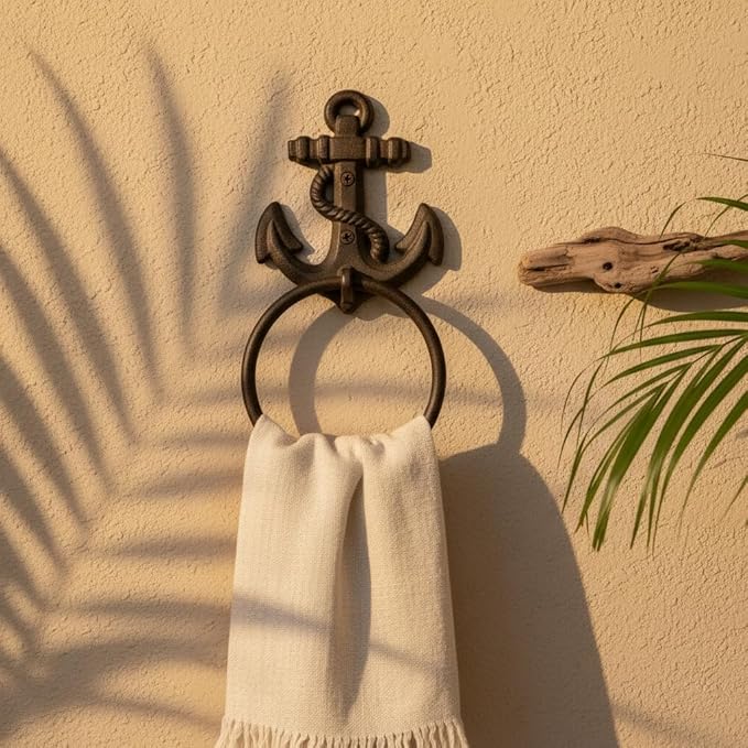 Comfy Hour Nautical Anchor Towel Ring, Decorative Cast Iron Hand Towel Holder for Bathroom, Vintage Coastal Wall Mount Maritime Decor for Beach House, Brown, 1 Piece