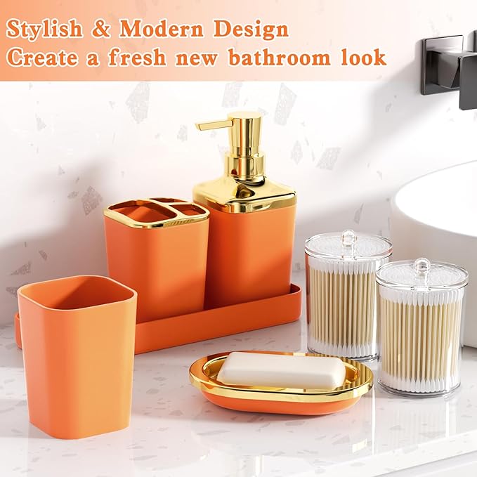 XLHOMO Orange Bathroom Accessories, Bathroom Sets with Stripe Shower Curtain, Orange and Gold Bathroom Accessories Set with Trash Can, Soap Dispenser, Soap Dish, Qtip Holders for Bathroom