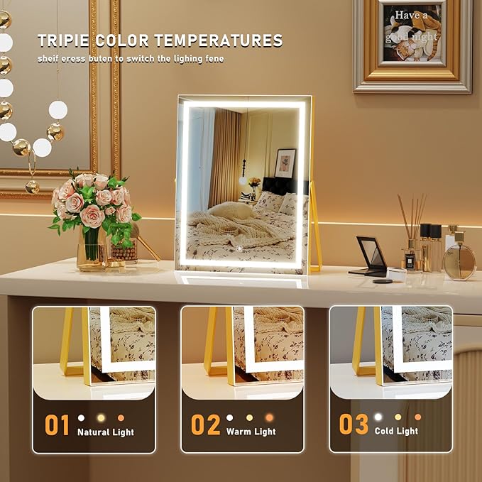 Gvnkvn Vanity Mirror with Lights, 11"× 14" LED Makeup Mirror, Lighted Makeup Mirror with Lights, Smart Touch Control Dimmable 3 Modes Light 360°Rotation Gold