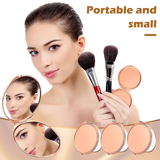 Yalikop 8 Pcs Rose Gold Compact Mirror Bulk, Metal Round Shell, 1x 2x Magnification Double Sided, Portable, Folding, Mini Travel Pocket Mirror for Women Girls Party Favor Bridesmaid Christmas Gifts