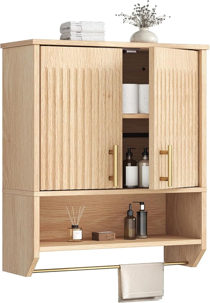 HOOBRO Bathroom Wall Cabinet with Towel Rack, Farmhouse Fluted Medicine Cabinet, Wall Mounted Storage with Adjustable Shelf, Space Saving Organizer for Bathroom, Natural