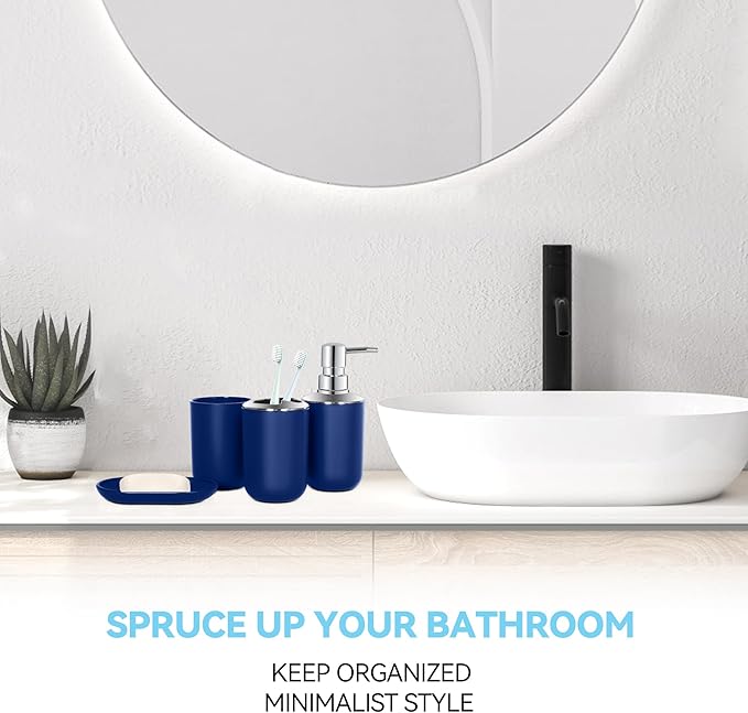 Blue Bathroom Accessories Set 4 PCS, Blue Bathroom Accessories, Plastic Soap Dispenser and Toothbrush Holder Set, Soap Dish and Mouthwash Cup, Boho Bathroom Decor, Bathroom Set