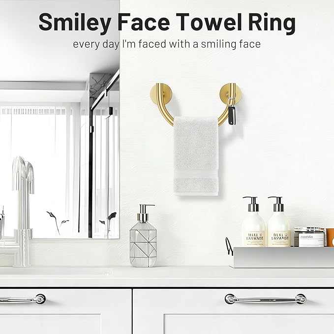 TNOMS Brushed Gold Smiley Face Towel Ring Bathroom Hand Towel Holder Stainless Steel Wall-Mounted Bathroom Hardware Accessories Towel Rack