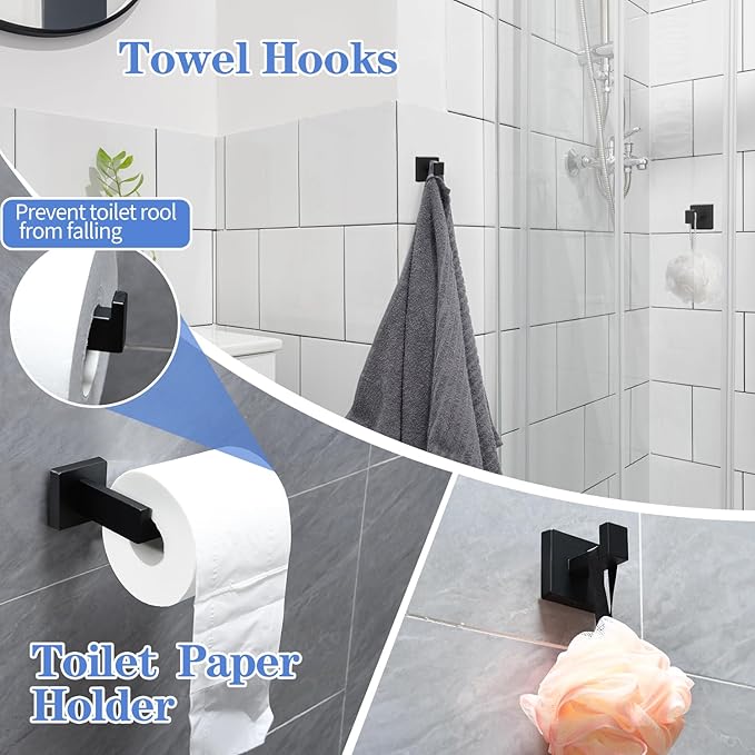 10pcs Bathroom Hardware Set, 16in Towel Bar Set, Including Square Towel Bar Square Towel Ring Toilet Paper Holder Towel Hooks, Set SUS304 Stainless Steel, Wall Mounted