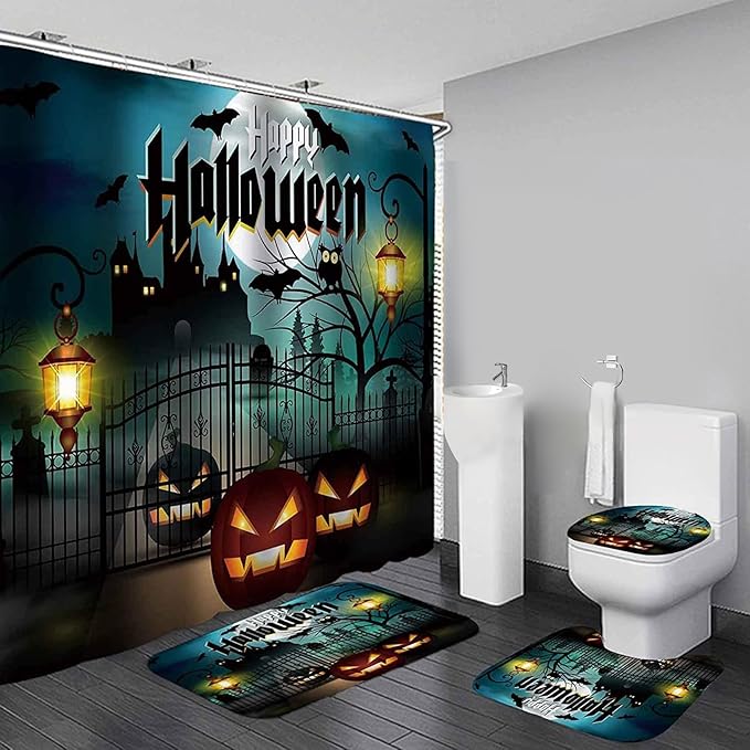 NBVKO Halloween Bats Castle Pumpkin Waterproof Shower Curtain Set,with Non-Slip Rugs,Toilet Lid Cover and Bath Mat,Black Gloomy Bathroom Decor Accessory Set