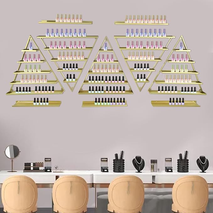 Metal Nail Polish Rack for Nail Salon, 5 Tiers Nail Polish Rack, 10PCS Triangular Perfume Holder, Lipstick Perfume Wall Shelf for Spa Nail Salon Shop Home (Gold)