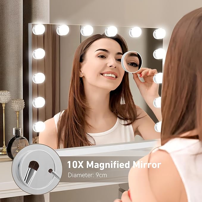 Hollywood Vanity Mirror with Lights, Lighted Makeup Mirror with 10X Magnification, Vanity Makeup Mirrors with Lights, USB Charging Port Touch Control, 14 LED Bulbs 3 Lighting Modes