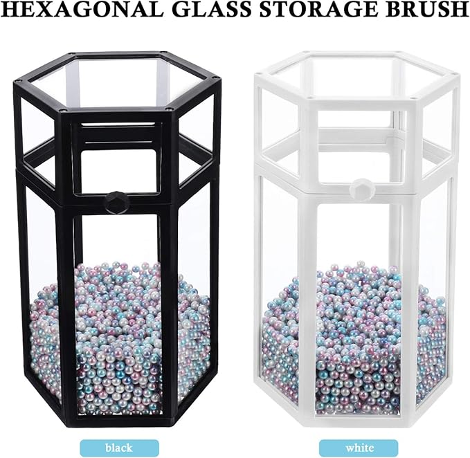 FRCOLOR Makeup Brush Case Makeup Brush Holder with Lid Hexagon Clear Pen Pencil Cup with Beads for Home Travel