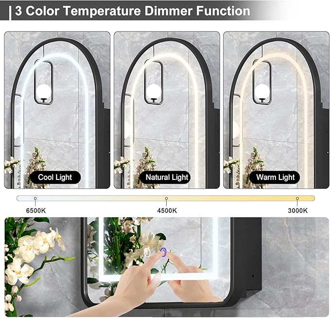 20x31 Inch Arched Medicine Cabinet with LED Mirror - Black Recessed Bathroom Storage, Dimmable Anti-Fog Lighted Mirror Cabinet, Black Arched Medicine Cabinet,Adjustable Shelves