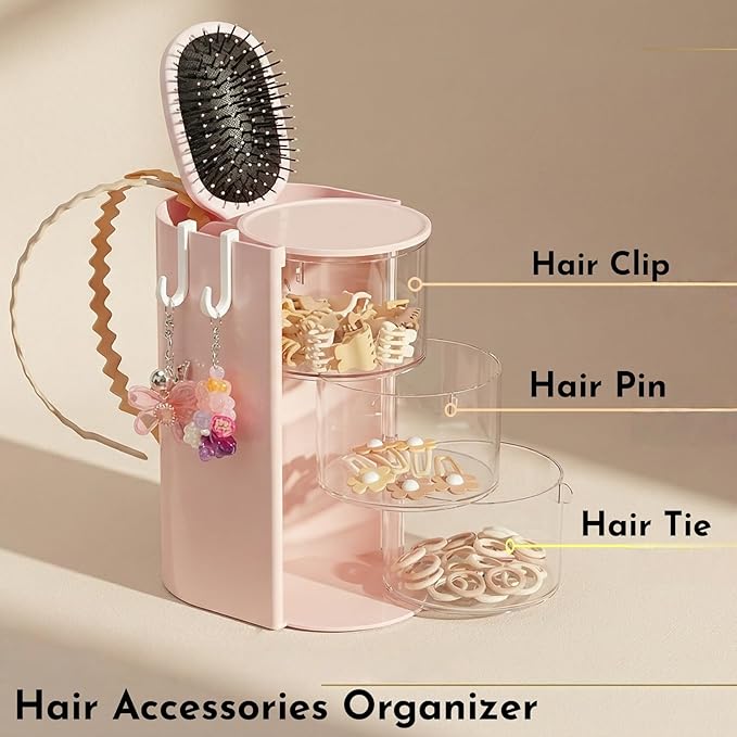 Girls Hair Accessories Organizer with Hair Brush Holder,Hair Organizer Storage With 2 Hooks For Girls,3 Layer Hair Tie Organizer (Pink)