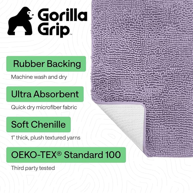 GORILLA GRIP Bath Rug Mat 36x24 Thick Soft Absorbent Chenille, Quick Dry Microfiber Mats, Rubber Backing Washable Shower Floor Rugs, Bathmat Runner Bathroom Home Decor Accessories Light Purple