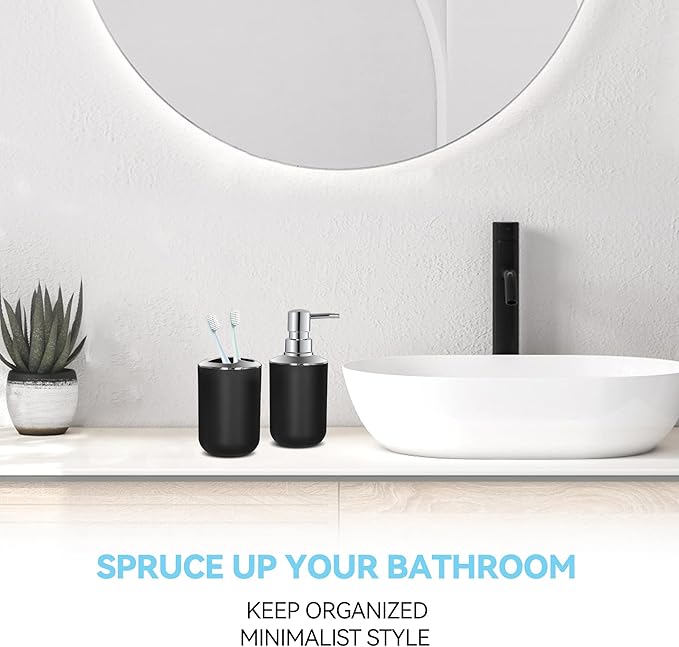 Black Bathroom Accessories Set 2 PCS, Black Bathroom Accessories, Plastic Soap Dispenser and Toothbrush Holder Set, Boho Bathroom Decor, Bathroom Set