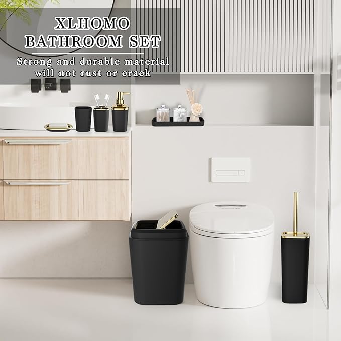 XLHOMO Black Bathroom Accessories Set, Black and Gold Bathroom Accessories with Trash Can, Tray, Soap Dispenser, Soap Dish, Toothbrush Holder, Toothbrush Cup,Toilet Brush and Qtip Holders