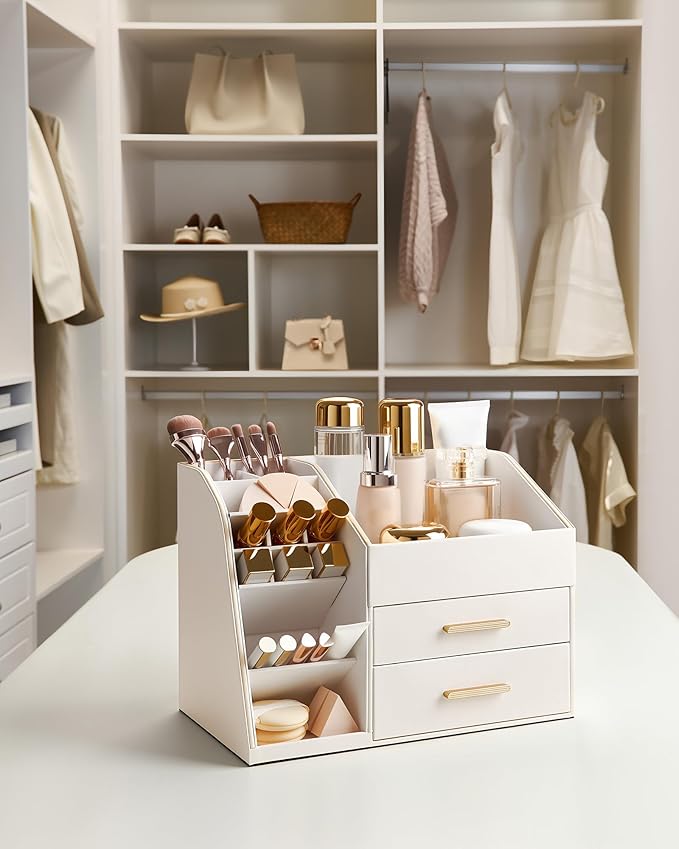 Lolalet Makeup Organizer with Drawers, PU Leather Spacious Skincare Holder Lipsticks Perfume Brushes Beauty Essentials Display Case for Vanity Dresser Countertop Bathroom Easy to Clean -Cream